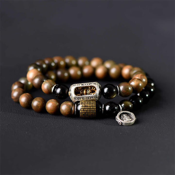 BWOOOH Tibetan Green Sandalwood Gold Sheen Obsidian Balance Peace Double Wrap Bracelet