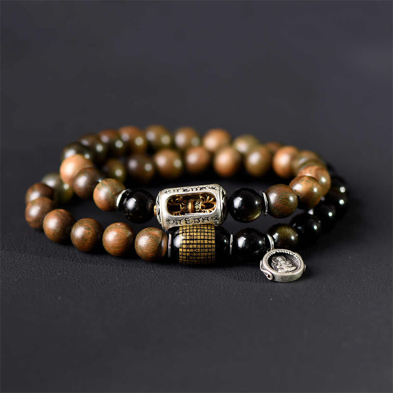 BWOOOH Tibetan Green Sandalwood Gold Sheen Obsidian Balance Peace Double Wrap Bracelet