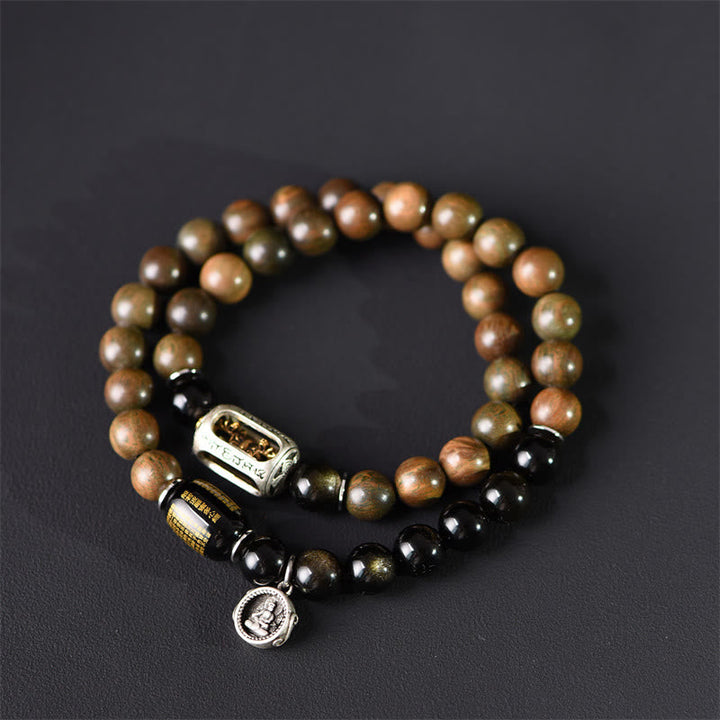 BWOOOH Tibetan Green Sandalwood Gold Sheen Obsidian Balance Peace Double Wrap Bracelet