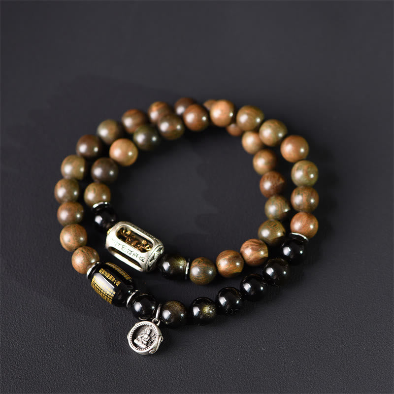 BWOOOH Tibetan Green Sandalwood Gold Sheen Obsidian Balance Peace Double Wrap Bracelet
