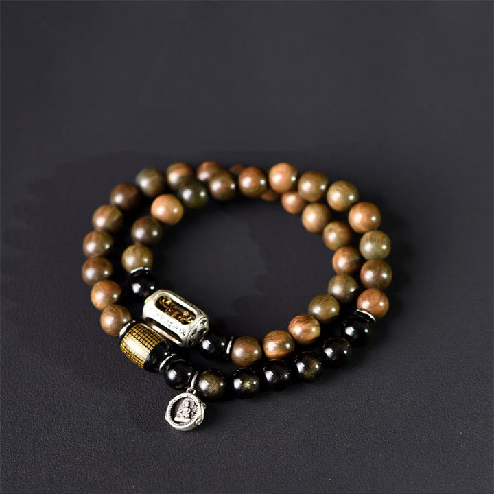 BWOOOH Tibetan Green Sandalwood Gold Sheen Obsidian Balance Peace Double Wrap Bracelet