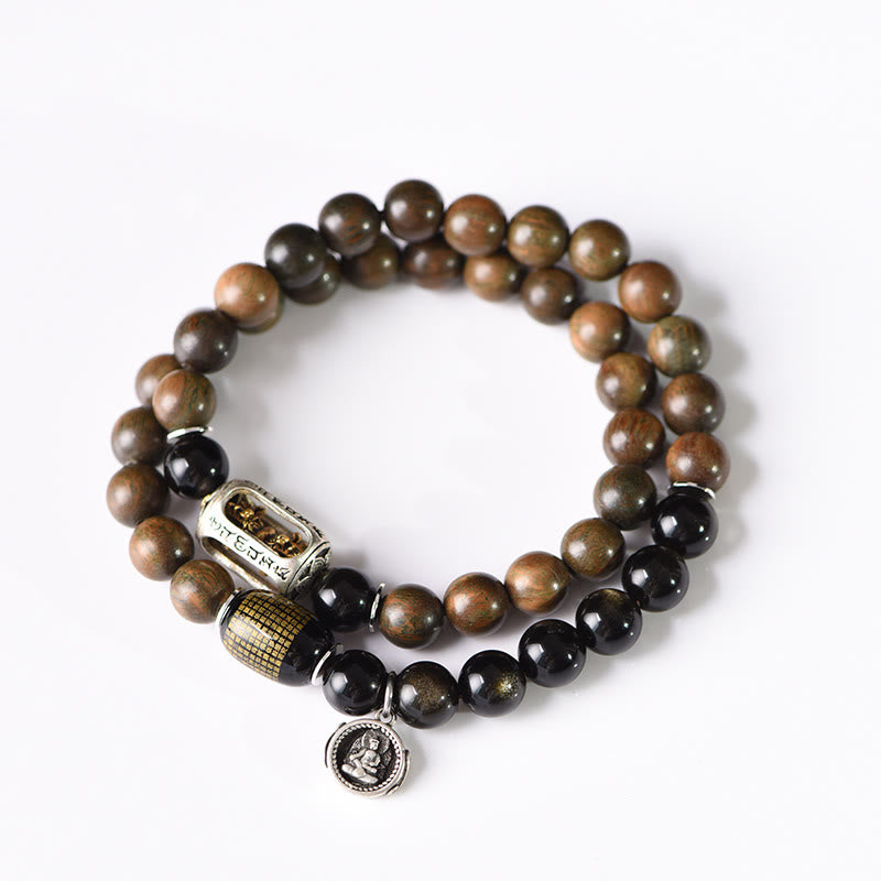 BWOOOH Tibetan Green Sandalwood Gold Sheen Obsidian Balance Peace Double Wrap Bracelet