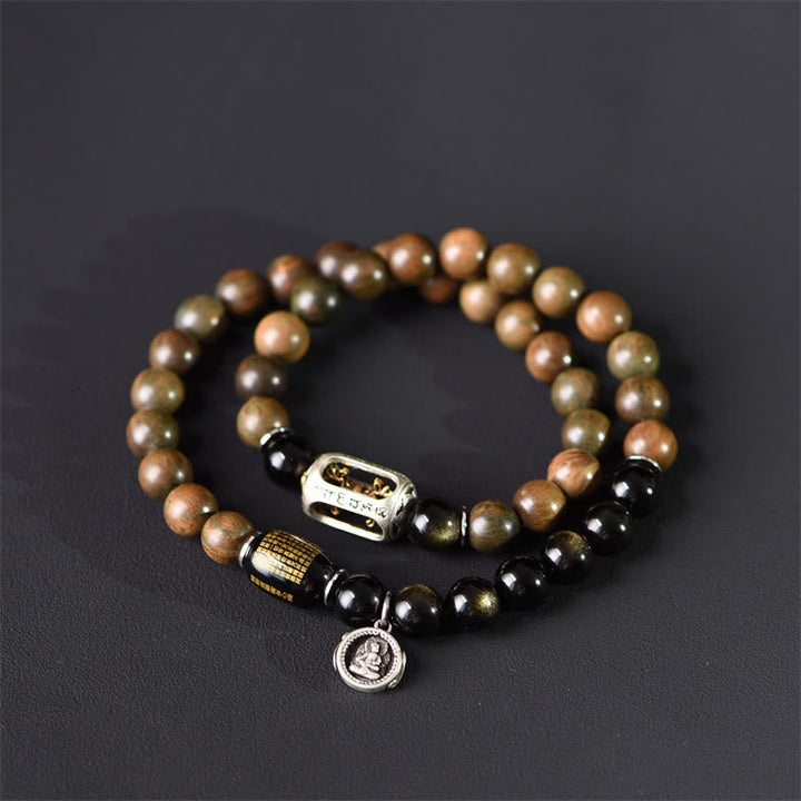 BWOOOH Tibetan Green Sandalwood Gold Sheen Obsidian Balance Peace Double Wrap Bracelet