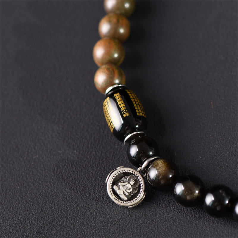 BWOOOH Tibetan Green Sandalwood Gold Sheen Obsidian Balance Peace Double Wrap Bracelet