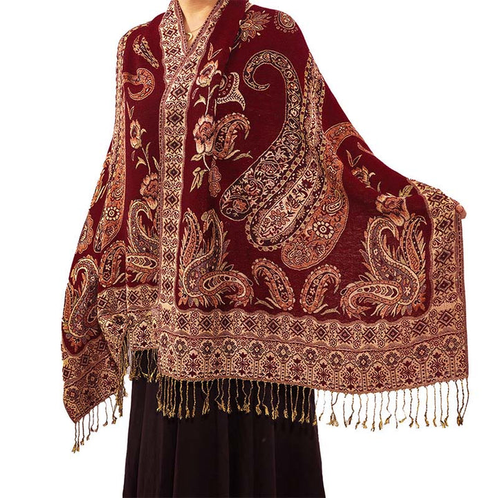 Buddha Stones Bohemia Style Tibetan Paisley Floral Pattern Tassel Cozy Scarf Shawl