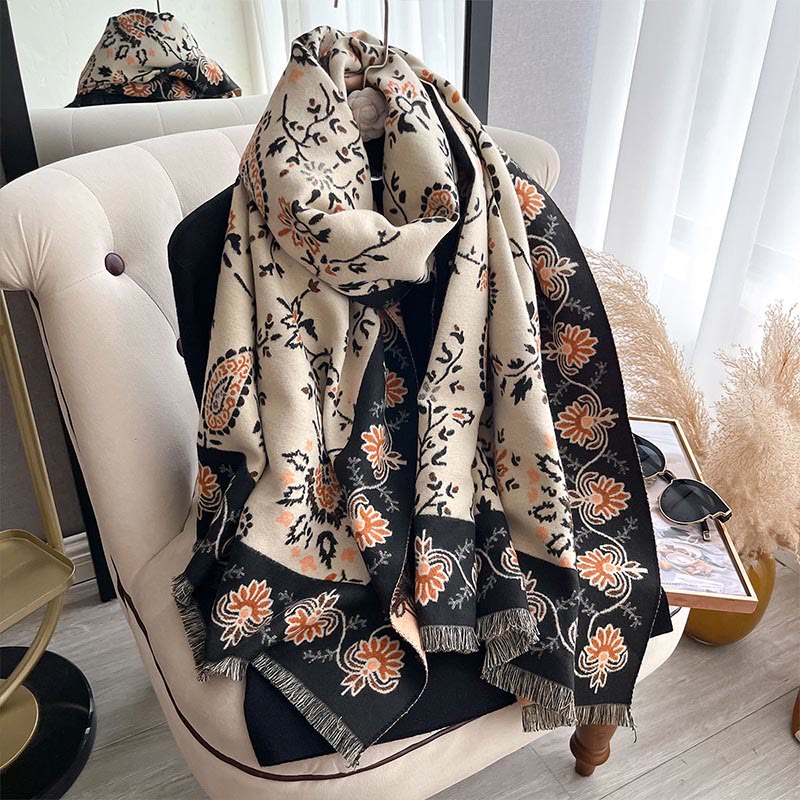 Buddha Stones Thickened Winter Paisley Flowers Vines Pattern Soft Scarf Shawl