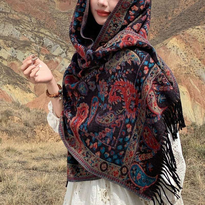 Buddha Stones Ethnic Embroidered Paisley Flowers Pattern Tassel Soft Scarf Shawl