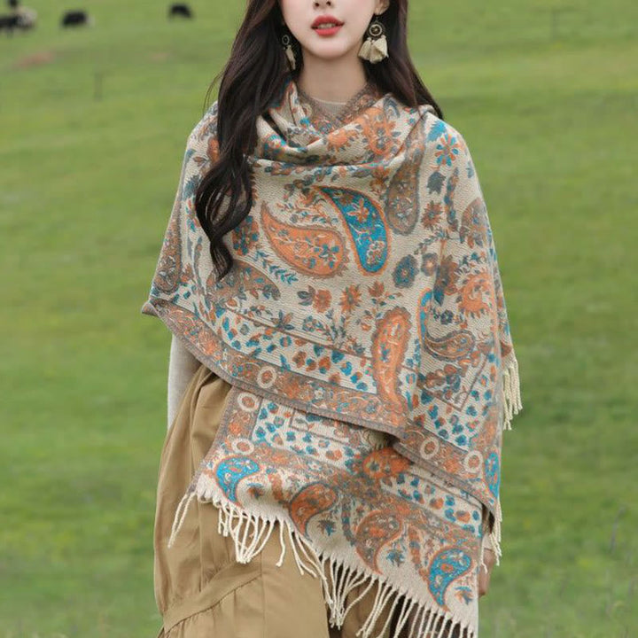 Buddha Stones Ethnic Embroidered Paisley Flowers Pattern Tassel Soft Scarf Shawl