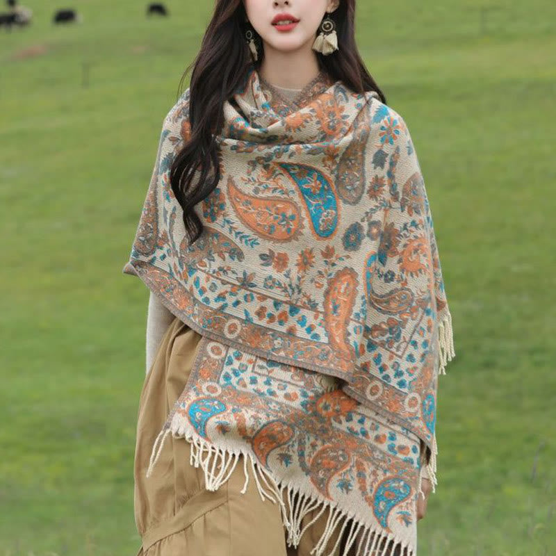 Buddha Stones Ethnic Embroidered Paisley Flowers Pattern Tassel Soft Scarf Shawl