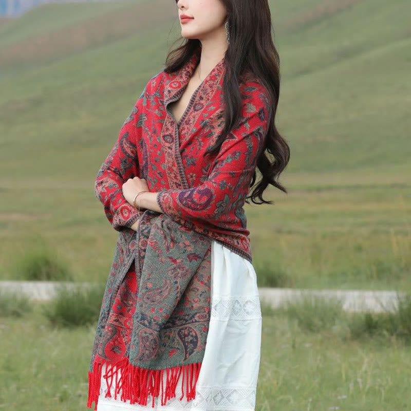 Buddha Stones Ethnic Embroidered Paisley Flowers Pattern Tassel Soft Scarf Shawl