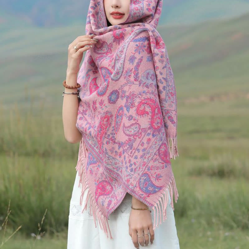 Buddha Stones Ethnic Embroidered Paisley Flowers Pattern Tassel Soft Scarf Shawl
