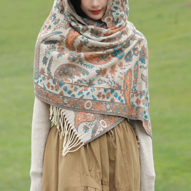 Buddha Stones Ethnic Embroidered Paisley Flowers Pattern Tassel Soft Scarf Shawl