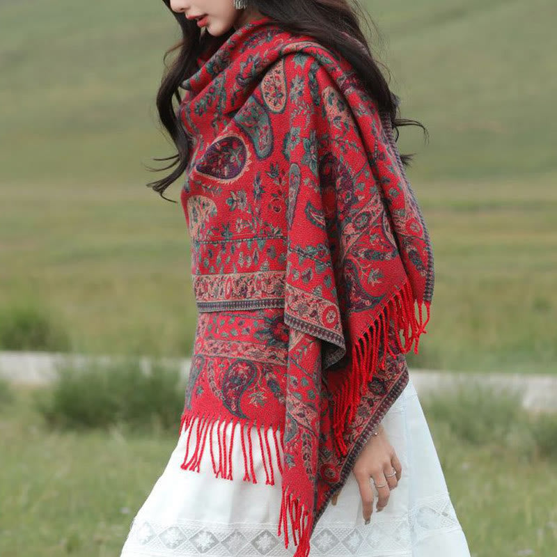 Buddha Stones Ethnic Embroidered Paisley Flowers Pattern Tassel Soft Scarf Shawl