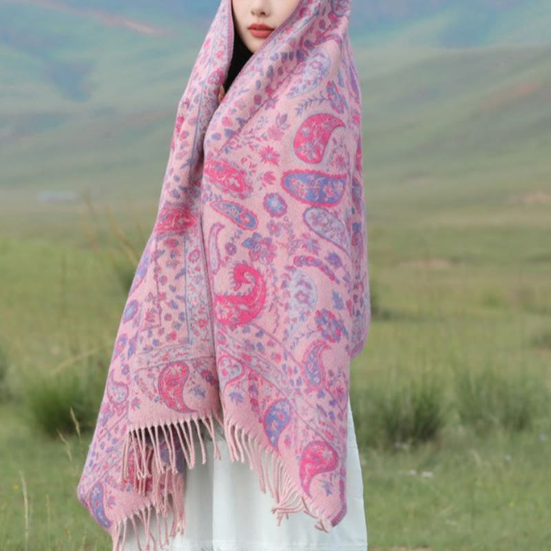Buddha Stones Ethnic Embroidered Paisley Flowers Pattern Tassel Soft Scarf Shawl