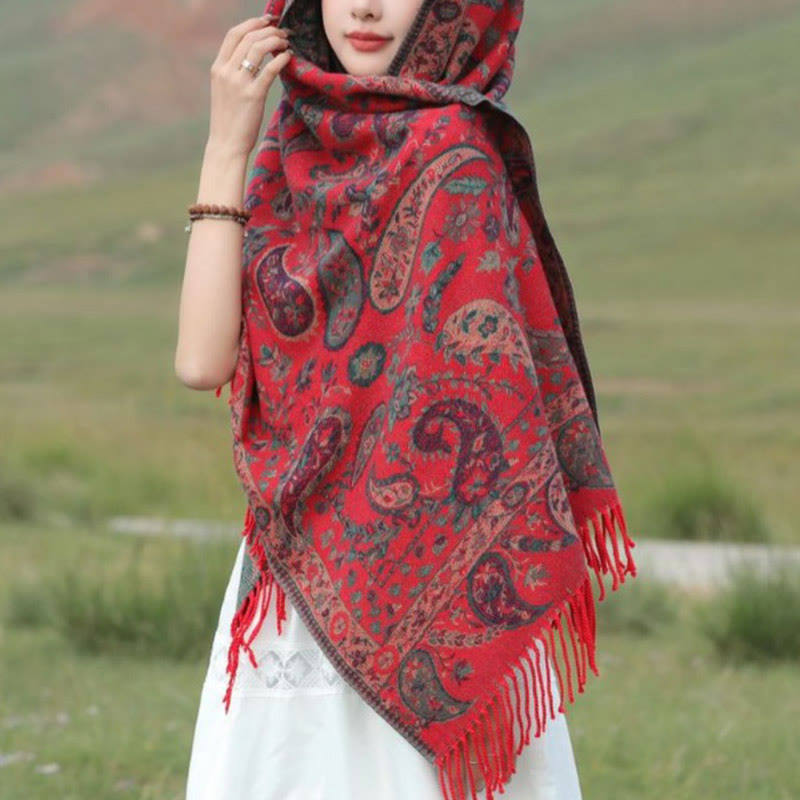 Buddha Stones Ethnic Embroidered Paisley Flowers Pattern Tassel Soft Scarf Shawl