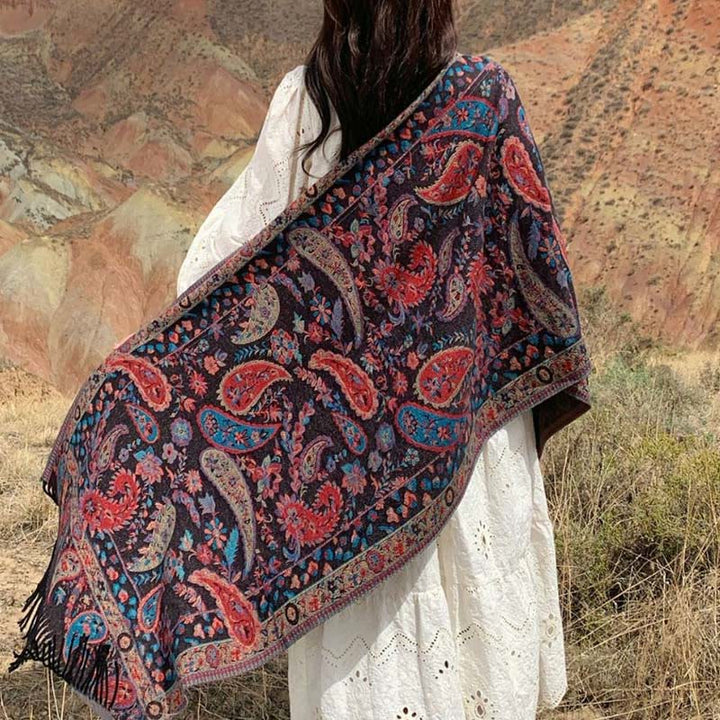 Buddha Stones Ethnic Embroidered Paisley Flowers Pattern Tassel Soft Scarf Shawl