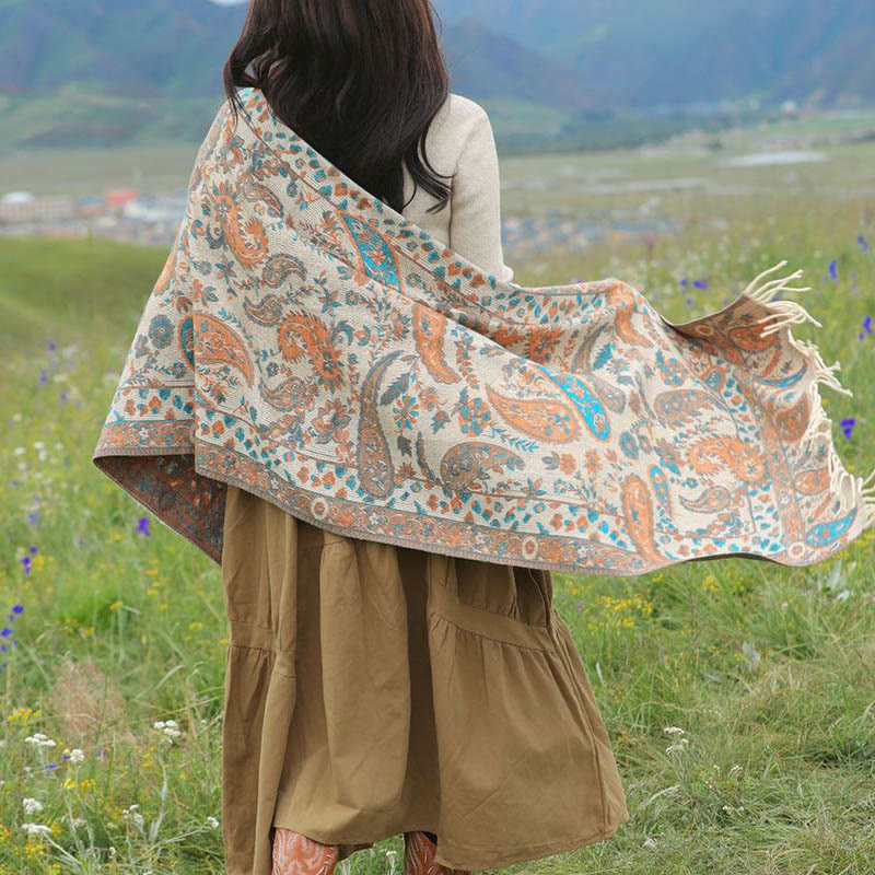 Buddha Stones Ethnic Embroidered Paisley Flowers Pattern Tassel Soft Scarf Shawl