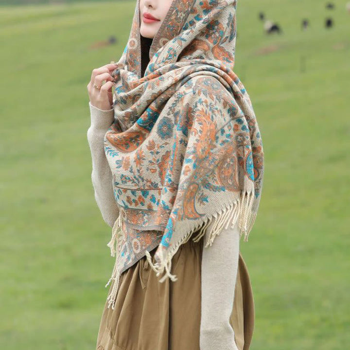 Buddha Stones Ethnic Embroidered Paisley Flowers Pattern Tassel Soft Scarf Shawl