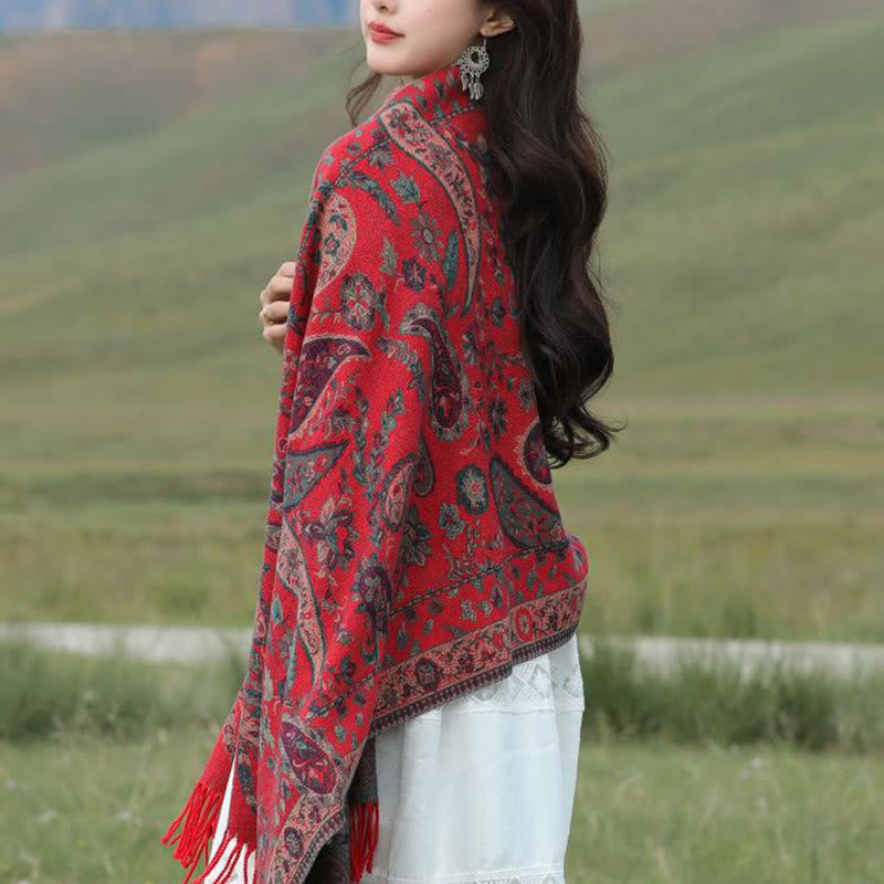 Buddha Stones Ethnic Embroidered Paisley Flowers Pattern Tassel Soft Scarf Shawl