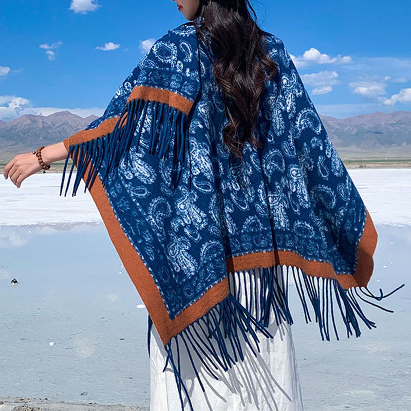 Buddha Stones Navy Paisley Pattern Patchwork Design Tassel Scarf Shawl