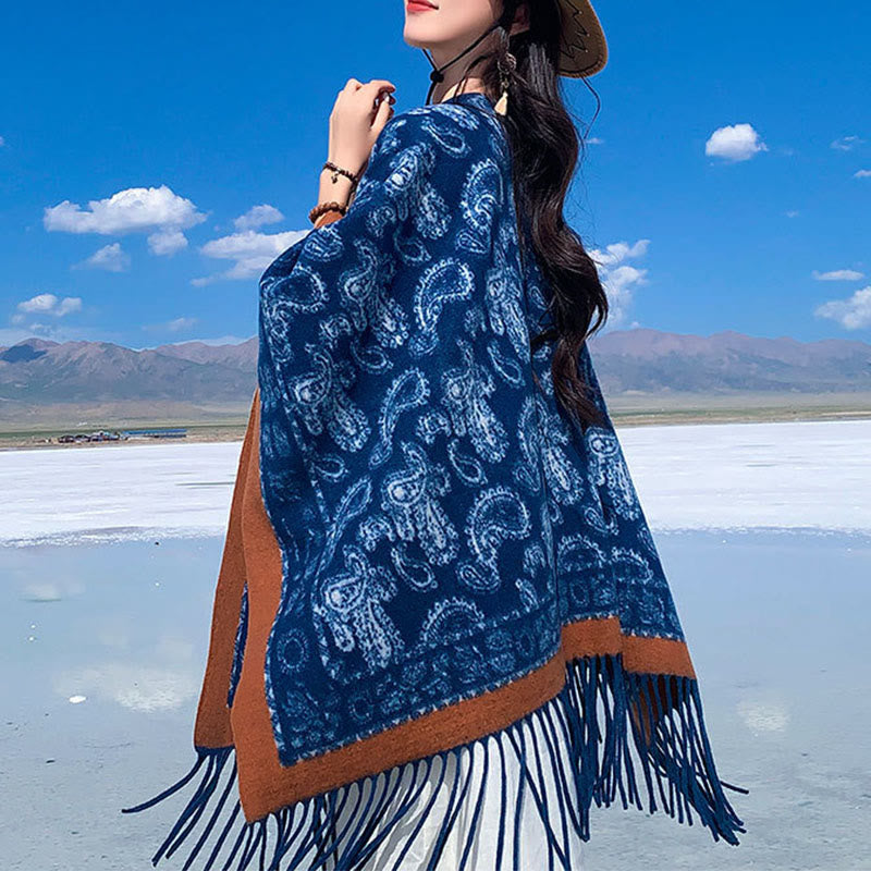 Buddha Stones Navy Paisley Pattern Patchwork Design Tassel Scarf Shawl