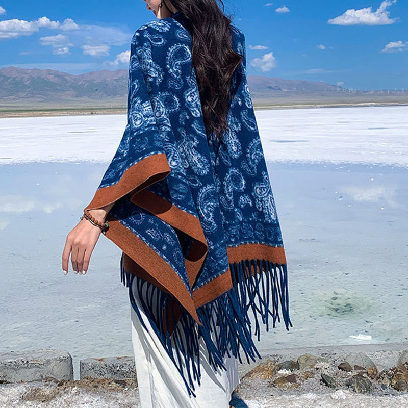 Buddha Stones Navy Paisley Pattern Patchwork Design Tassel Scarf Shawl