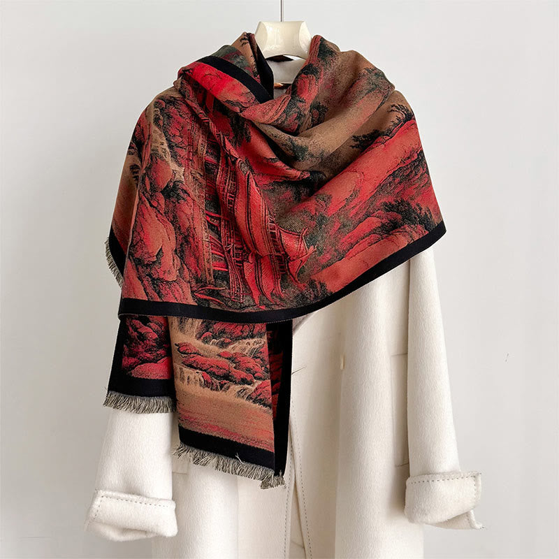 Buddha Stones Winter Landscape Painting Pattern Tassels Cozy Thick Scarf Shawl