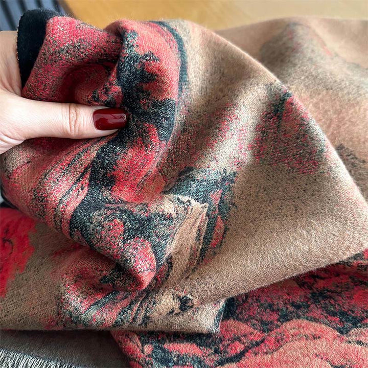Buddha Stones Winter Landscape Painting Pattern Tassels Cozy Thick Scarf Shawl