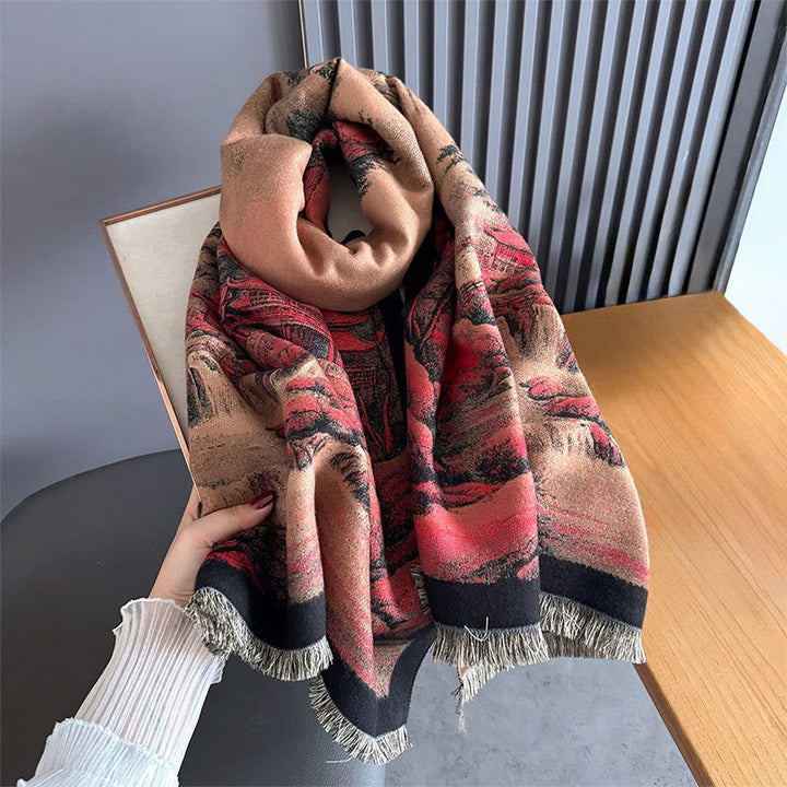Buddha Stones Winter Landscape Painting Pattern Tassels Cozy Thick Scarf Shawl