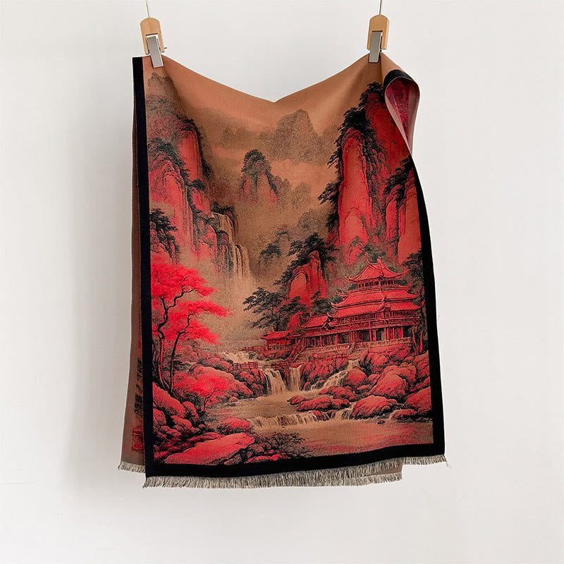 Buddha Stones Winter Landscape Painting Pattern Tassels Cozy Thick Scarf Shawl