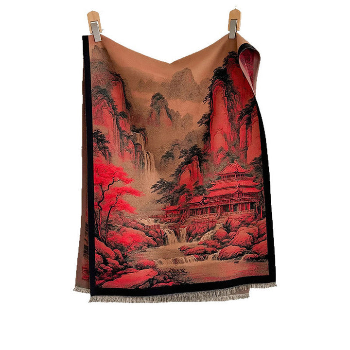 Buddha Stones Winter Landscape Painting Pattern Tassels Cozy Thick Scarf Shawl