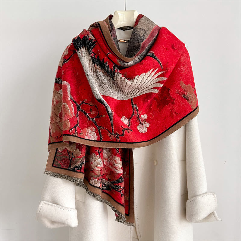 BWOOOH Fall Crane Lotus Plum Blossom Pattern Tassels Cozy