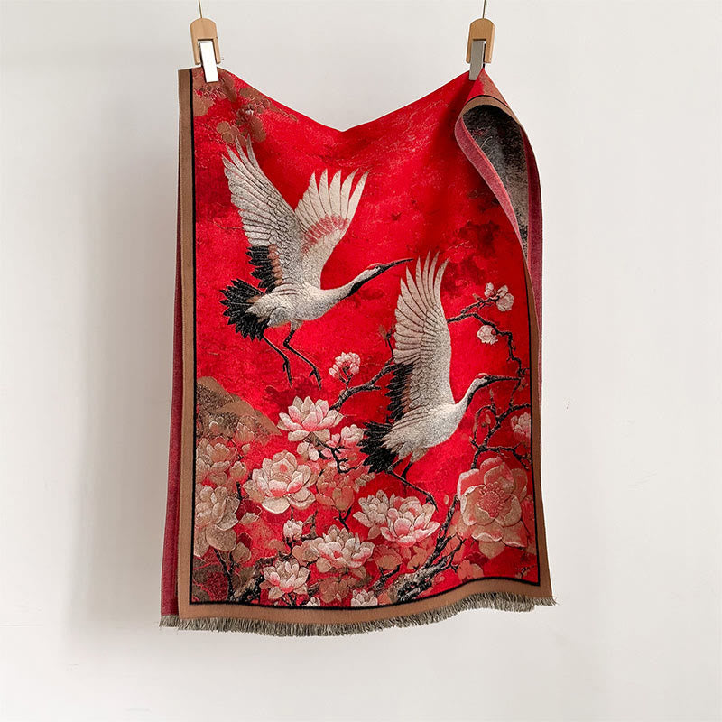 BWOOOH Fall Crane Lotus Plum Blossom Pattern Tassels Cozy