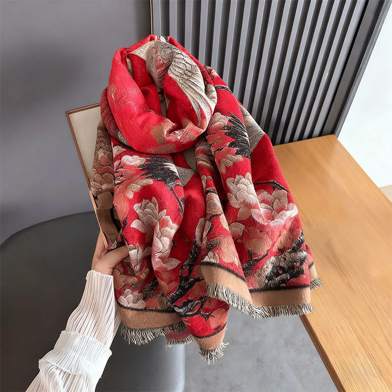 BWOOOH Fall Crane Lotus Plum Blossom Pattern Tassels Cozy