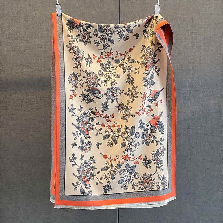 Buddha Stones Commute Flowers Bird Pattern Color Contrast Design Tassels Cozy Soft Scarf Shawl