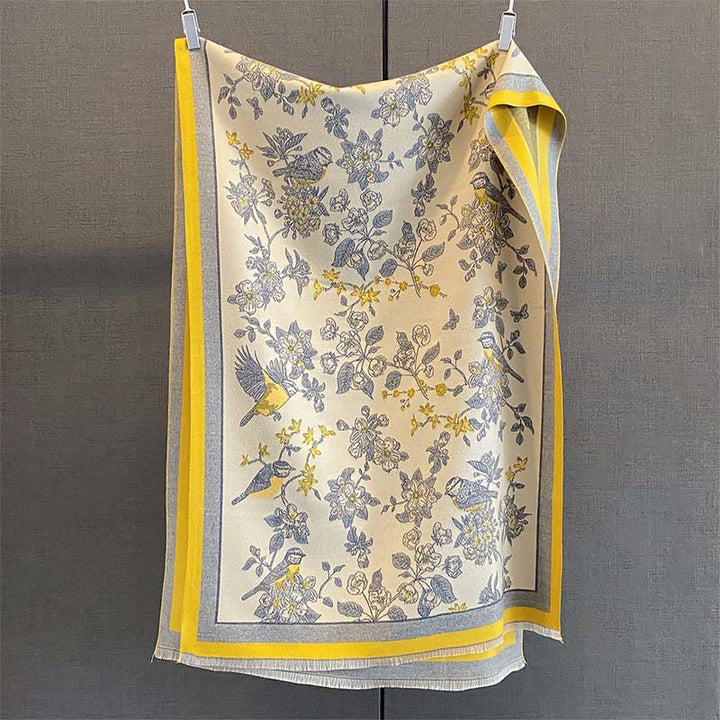 Buddha Stones Commute Flowers Bird Pattern Color Contrast Design Tassels Cozy Soft Scarf Shawl