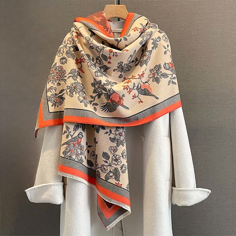 Buddha Stones Commute Flowers Bird Pattern Color Contrast Design Tassels Cozy Soft Scarf Shawl