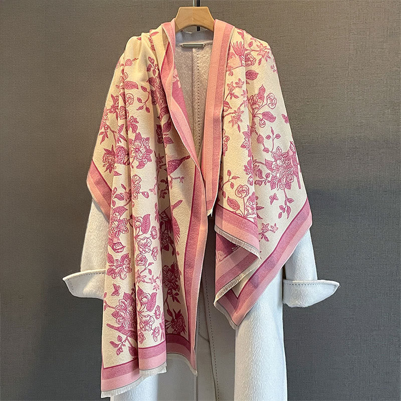 Buddha Stones Commute Flowers Bird Pattern Color Contrast Design Tassels Cozy Soft Scarf Shawl