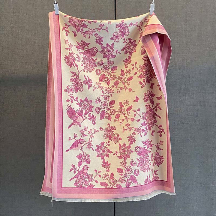 Buddha Stones Commute Flowers Bird Pattern Color Contrast Design Tassels Cozy Soft Scarf Shawl