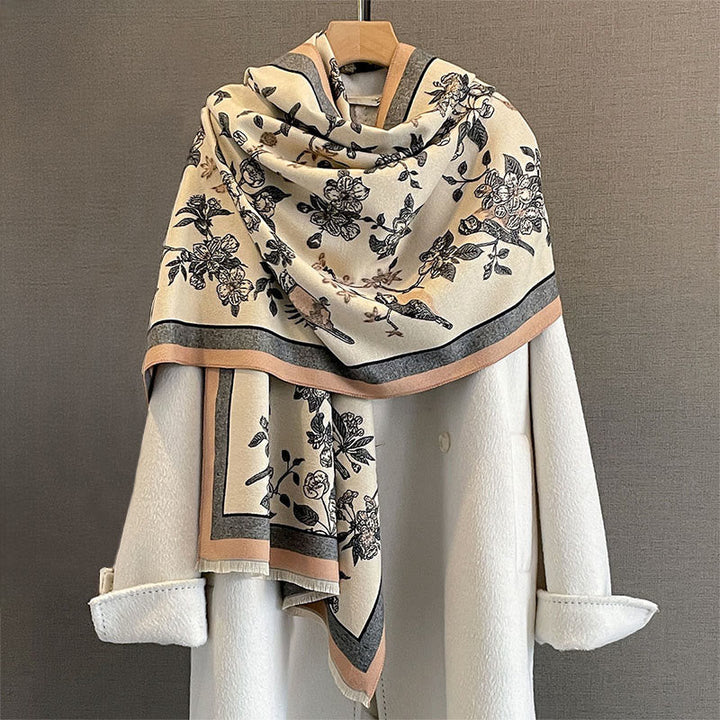 Buddha Stones Commute Flowers Bird Pattern Color Contrast Design Tassels Cozy Soft Scarf Shawl