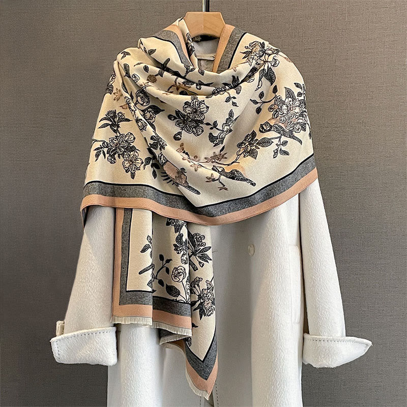 Buddha Stones Commute Flowers Bird Pattern Color Contrast Design Tassels Cozy Soft Scarf Shawl