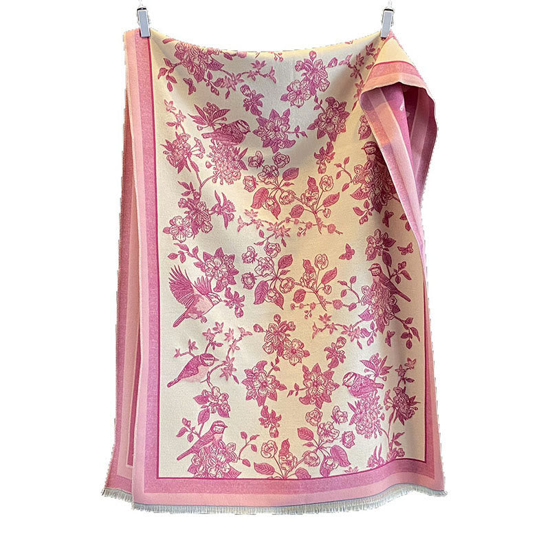 Buddha Stones Commute Flowers Bird Pattern Color Contrast Design Tassels Cozy Soft Scarf Shawl