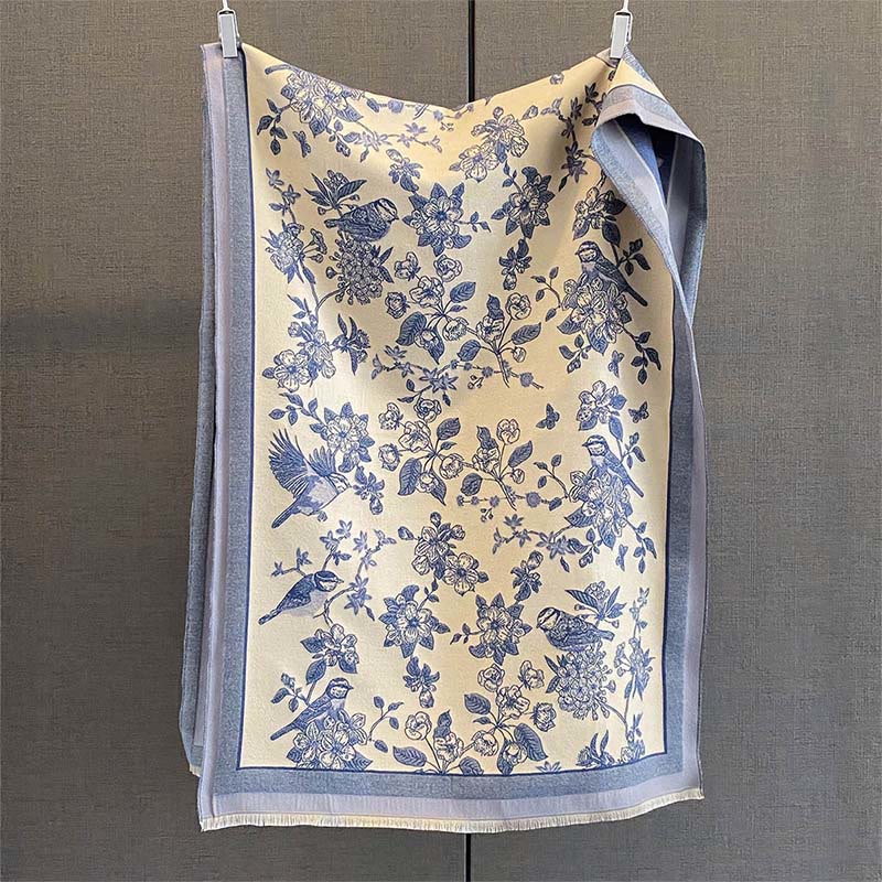 Buddha Stones Commute Flowers Bird Pattern Color Contrast Design Tassels Cozy Soft Scarf Shawl