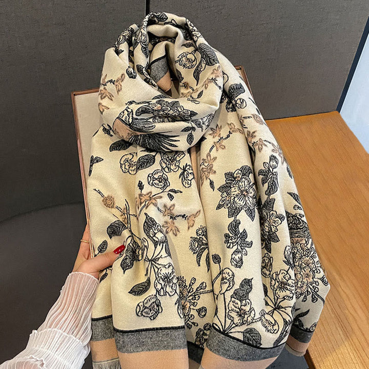 Buddha Stones Commute Flowers Bird Pattern Color Contrast Design Tassels Cozy Soft Scarf Shawl