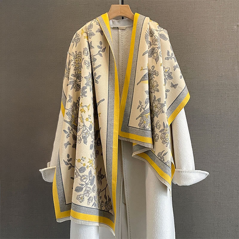 Buddha Stones Commute Flowers Bird Pattern Color Contrast Design Tassels Cozy Soft Scarf Shawl