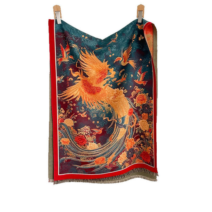 Buddha Stones Winter Phoenix Flowers Birds Pattern Tassels Thermal Soft Scarf Shawl
