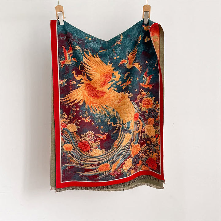 Buddha Stones Winter Phoenix Flowers Birds Pattern Tassels Thermal Soft Scarf Shawl