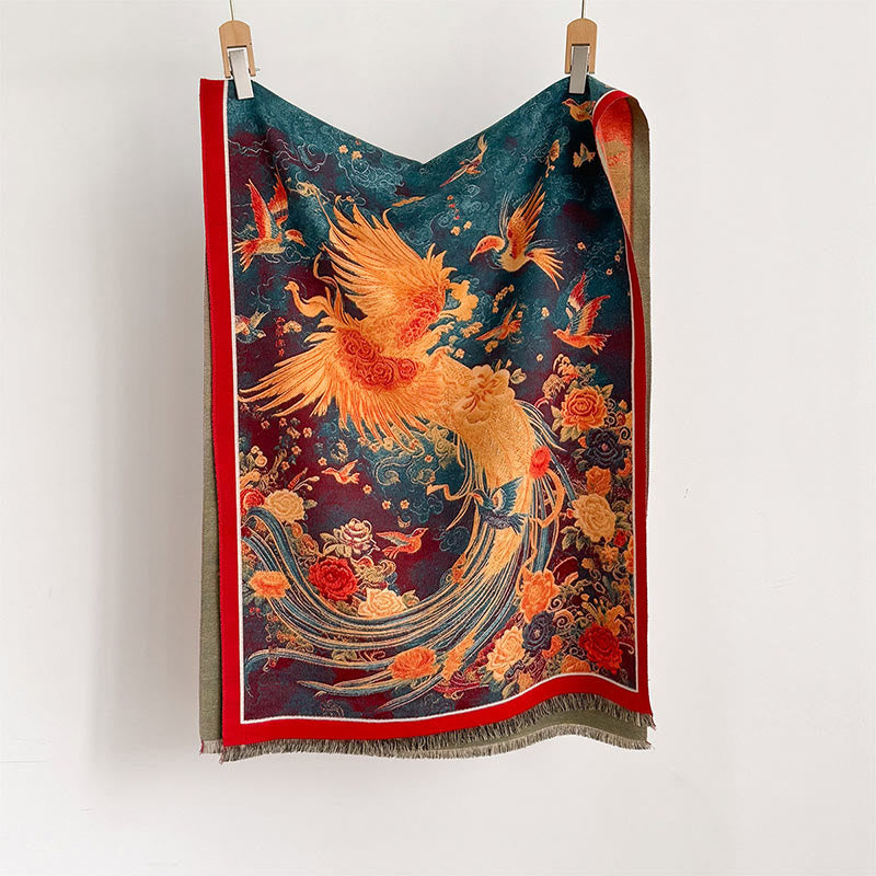 Buddha Stones Winter Phoenix Flowers Birds Pattern Tassels Thermal Soft Scarf Shawl