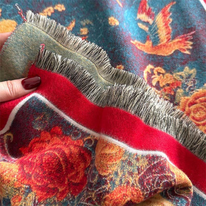 Buddha Stones Winter Phoenix Flowers Birds Pattern Tassels Thermal Soft Scarf Shawl