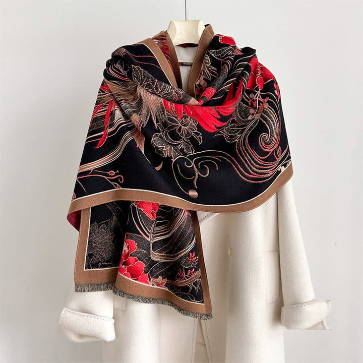 BWOOOH Winter Thermal Phoenix Flowers Pattern Tassels Sof